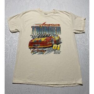 RSQ American Thunder Racing Graphic T-Shirt Mens Large Cream Cotton Short Sleeve